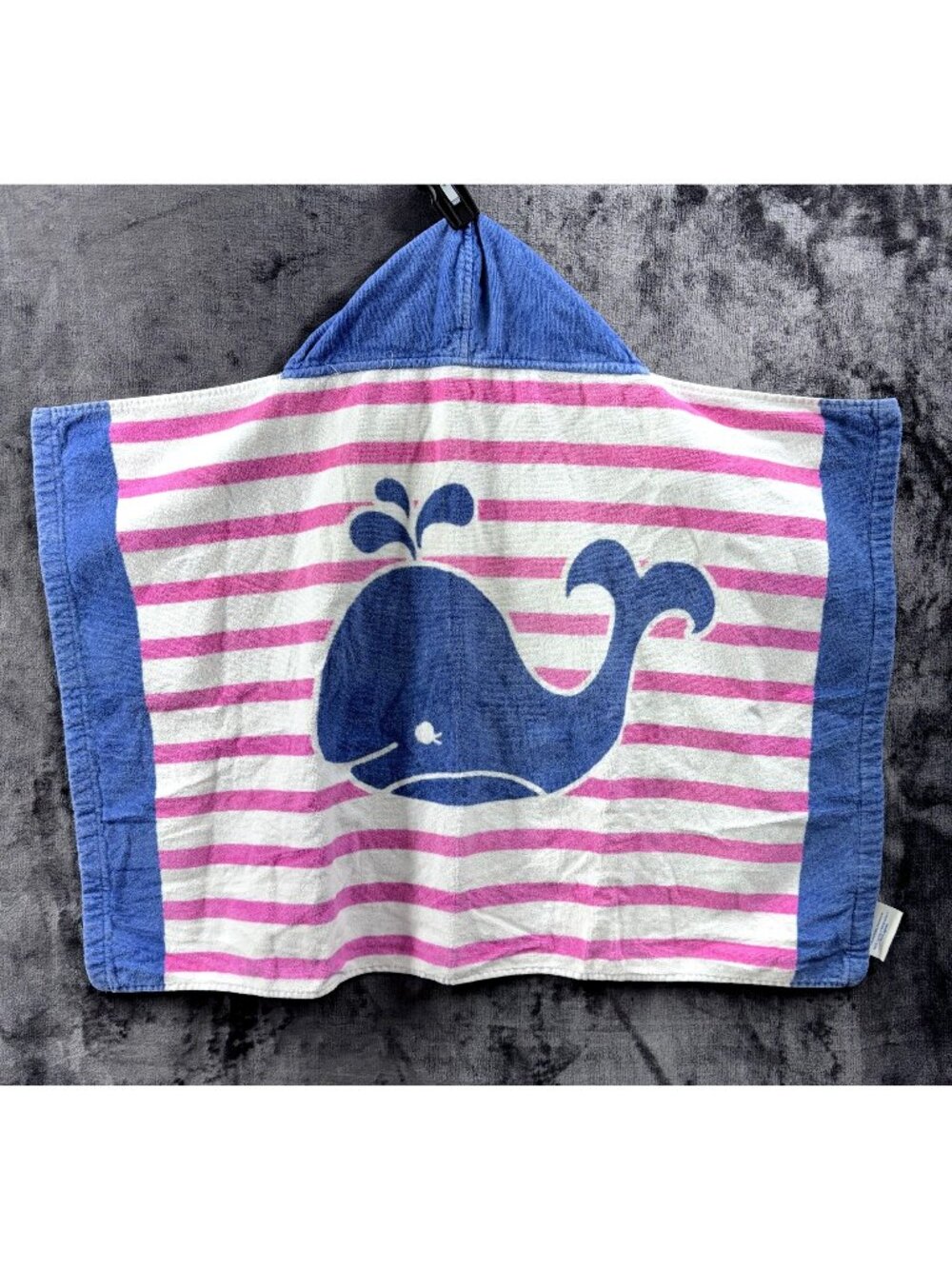 Pottery Barn Kids Hooded Beach Bath Towel Whale Pink Blue Striped 23X34 Cotton